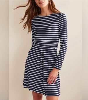 Boden Womens 8 Navy White Stripe Abigail Crew Neck Jersey Long Sleeve Mini Dress